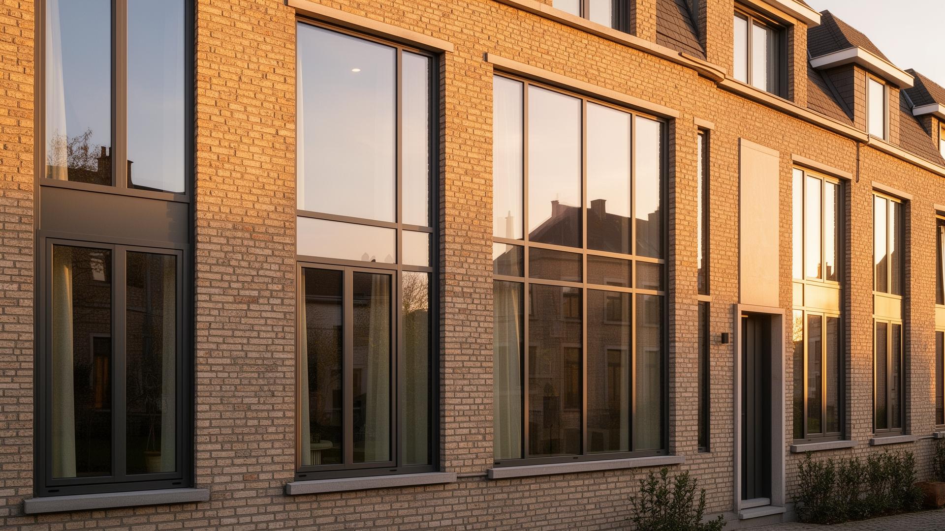 Châssis aluminium noirs installés sur une façade en briques typique de Belgique
